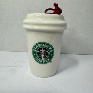 Starbucks Holiday 2006 Ceramic Coffee Cup Ornament White Green Logo Vintage EUC